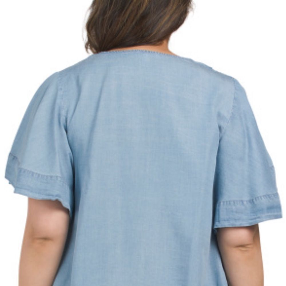 Workshop 1X Chambray Blue Button Front V-Neck Sho… - image 4